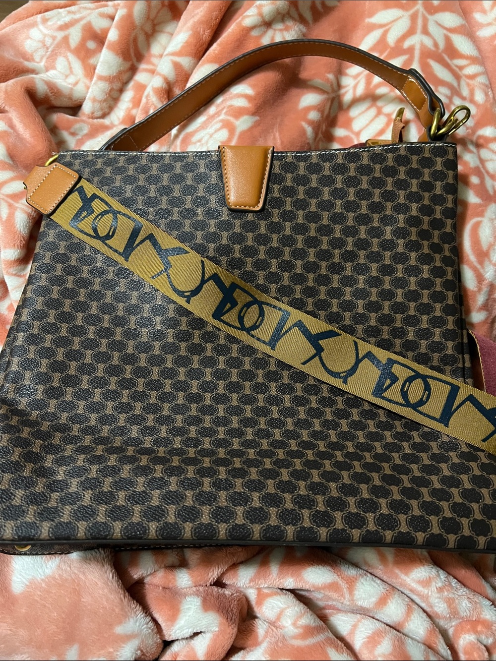 Brown Patterned Designer Inspired Shoulder Bag with Tan Leather Trim
